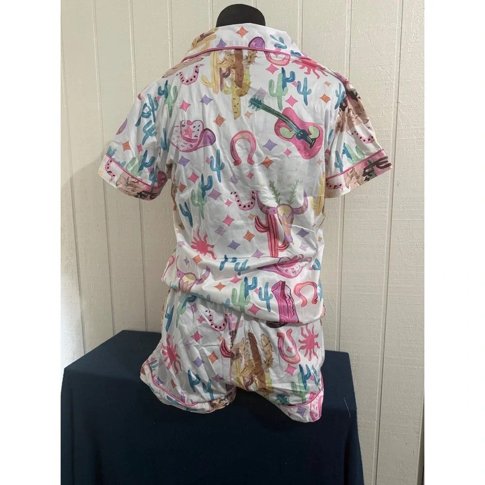 NIB Western Desert Pajama Set Short Sleeve Button Down Shorts Pastel Small